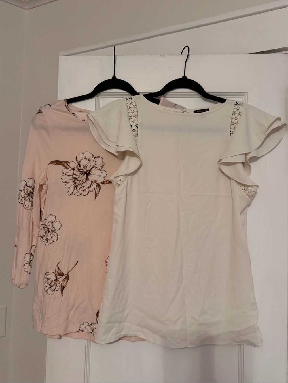 Ann Taylor Light Pink Floral Top and Cream Ruffle Sleeve Blouse